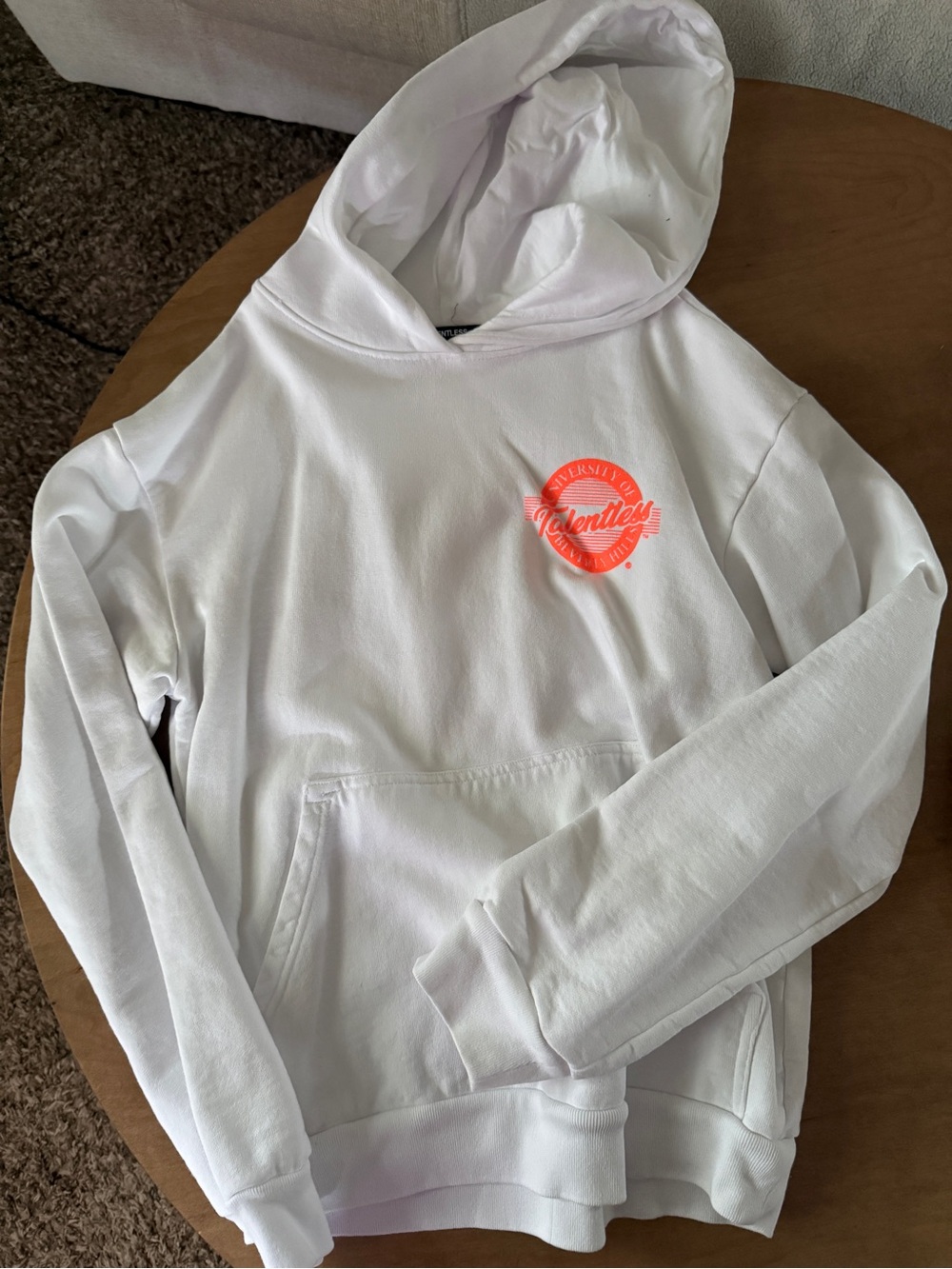 Talentless White Hoodie with Neon Orange Chest Logo